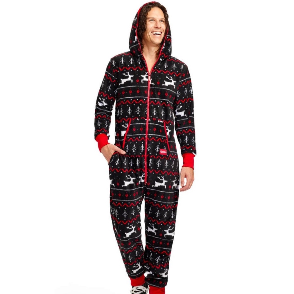 Tipsy Elves Men's Black and Red Fair Isle Jumpsuit Size SS